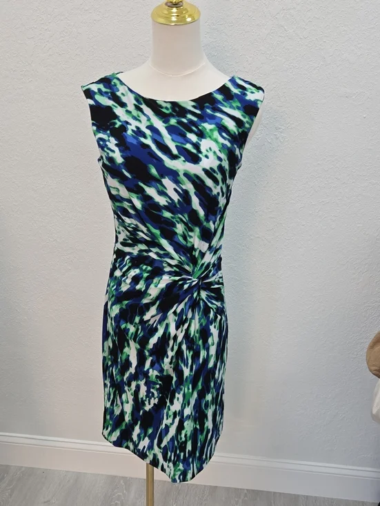 Sleeveless Midi Dress in Blue, Green & White Twist-Front - Picture 1 of 5